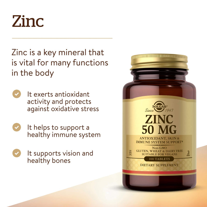 Solgar Zinc 50 mg, 100 Tablets - Zinc for Healthy Skin, Taste & Vision - Immune System & Antioxidant Support - Supports Cell Growth & DNA Formation - Non GMO, Vegan, Gluten Free - 100 Servings 100 Count (Pack of 1) - NewNest Australia