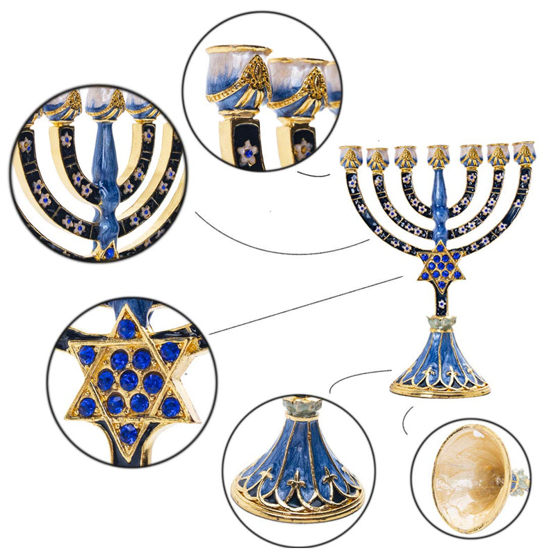 NewNest Australia - YU FENG 7 Branch Hanukkah Menorah Candle Holder Crystal Rhinestones Bejeweled Star of David Motif Hand-Painted Enamel Candlesticks 