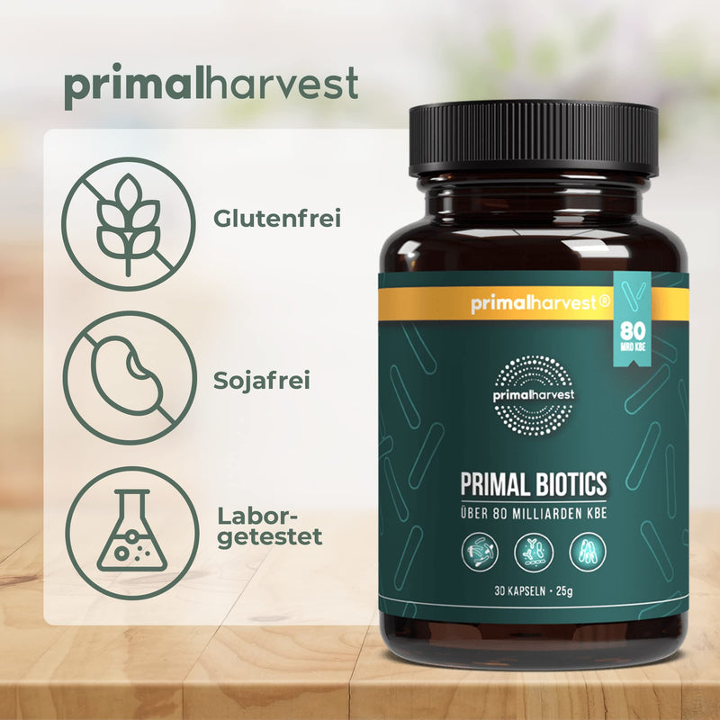 Primal Harvest  Biotics - 30 Capsules - 15 Bacterial Strains - 80 Billion Cfu + Inulin And Live Cultures - Laboratory Tested - Gastric Juice-Resistant Capsules - NewNest Australia