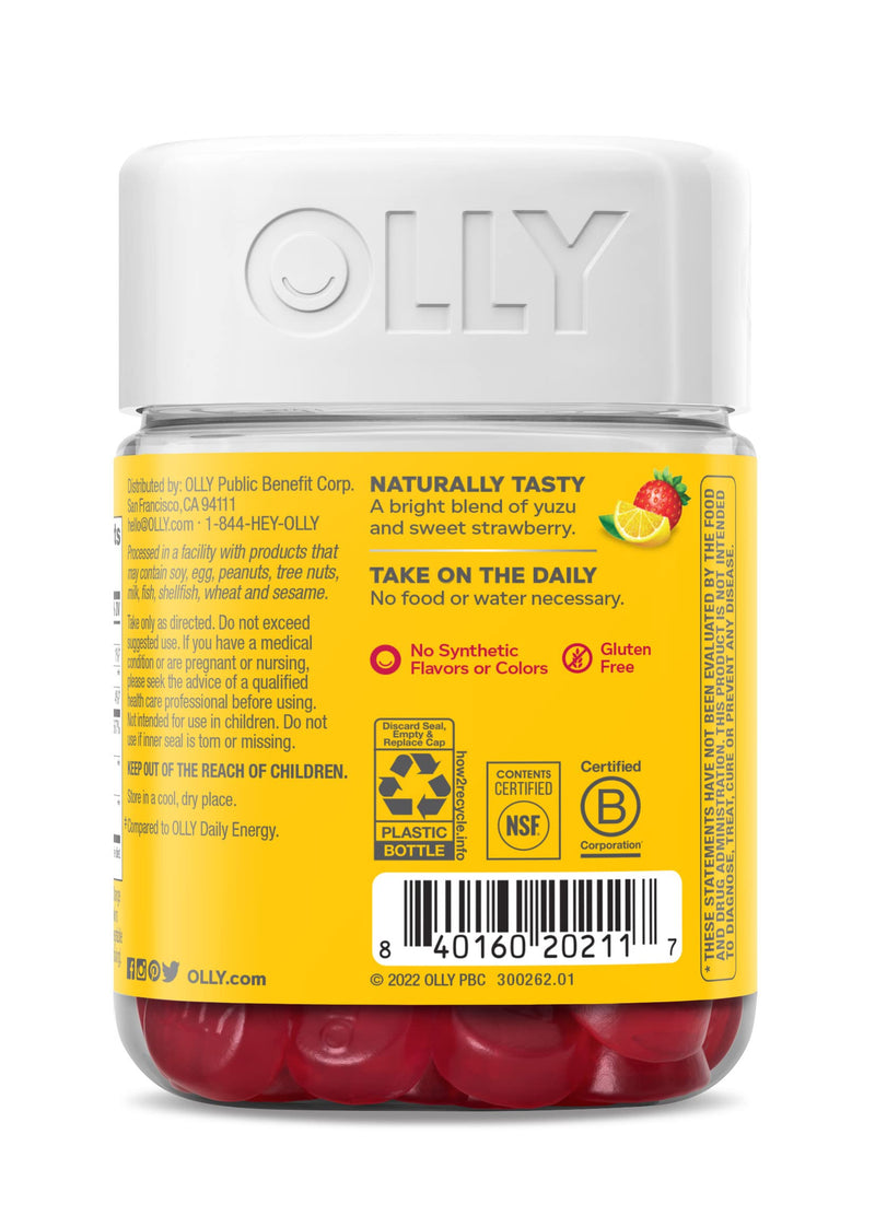 OLLY Extra Strength Daily Energy Gummy, Caffeine Free, 1000mcg Vitamin B12, CoQ10, Goji Berry, Adult Chewable Supplement, Berry Yuzu Flavor - 60 Count - NewNest Australia