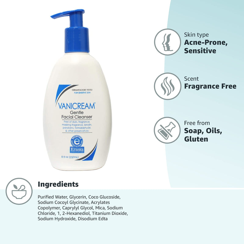 Vanicream Gentle Facial Cleanser with Pump Dispenser - 8 fl oz - Formulated Without Common Irritants for Those with Sensitive Skin 8 Fl Oz (Pack of 1) - NewNest Australia