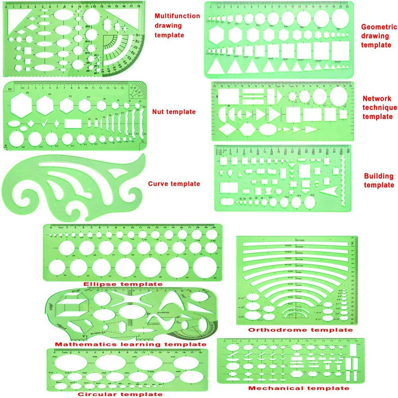 ipxead 11 Piece Geometric Drawing Template Measuring Ruler, Transparent Green Plastic Ruler with Portable Plastic Bag for, for Studying, Designing and Building - NewNest Australia