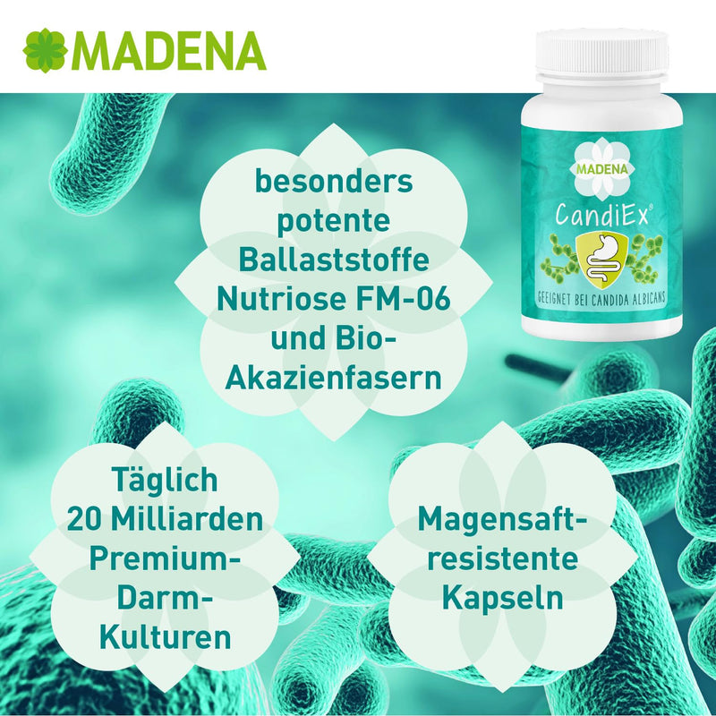Madena Candiex, 20 Billion Lactobacilli And Bifidobacteria Per Daily Dosage, For Candida Albicans, 9 Different Bacterial Strains, With Organic Acacia Fibers And Resistant Starch Type 3 - NewNest Australia
