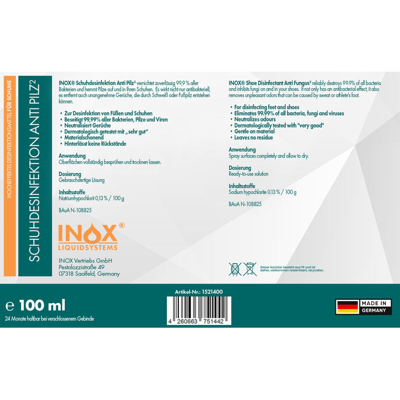 INOX® - Shoe disinfectant spray 2x100ml | Shoe spray against odor & bacteria | quick & effective shoe disinfection | Protect against athlete's foot | Odor remover for shoes 100 ml (pack of 2) - NewNest Australia