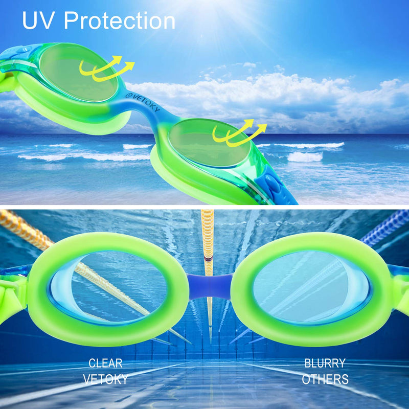 VETOKY Kids Swim Goggles, Pack of 2 Anti Fog Swimming Goggles UV Protection Clear No Leaking for Child and Youth Ages 3-12 Blue+green - NewNest Australia