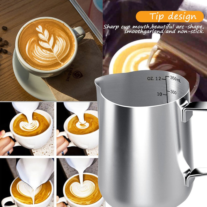 Stainless Steel Milk Jug, 350ML Handheld Coffee Creamer Milk Frothing Pitcher Jug Cup with Measurement Mark and Latte Art Pen, Milk Pitcher Jugs Perfect for Barista Cappuccino Espresso Making - NewNest Australia