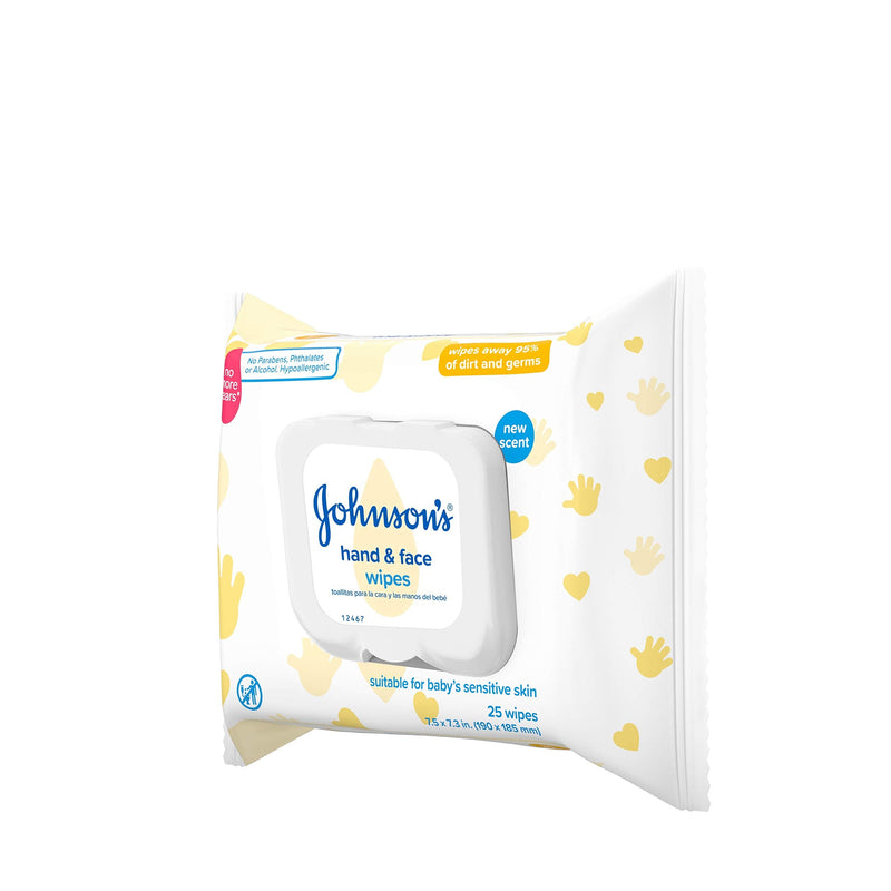 Johnson's Baby Disposable Hand & Face Cleansing Wipes to Gently Remove 99% of Germs & Dirt from Delicate Skin, Pre-Moistened & Allergy-Tested, Paraben-, Phthalate- & Alcohol-Free, 25 ct - NewNest Australia
