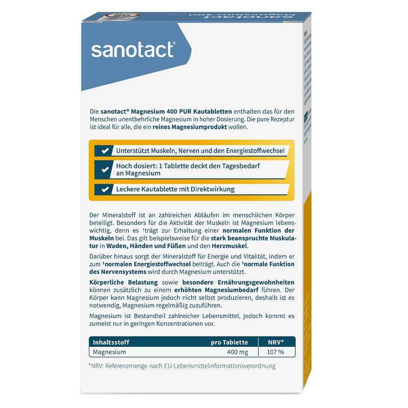 sanotact Magnesium 400mg PUR (Vegan) • 30 chewable tablets with high doses of magnesium • Magnesium with immediate effect • Fruity lemon flavor • Magnesium for children aged 12 and over Lemon 30 pieces (pack of 1) - NewNest Australia