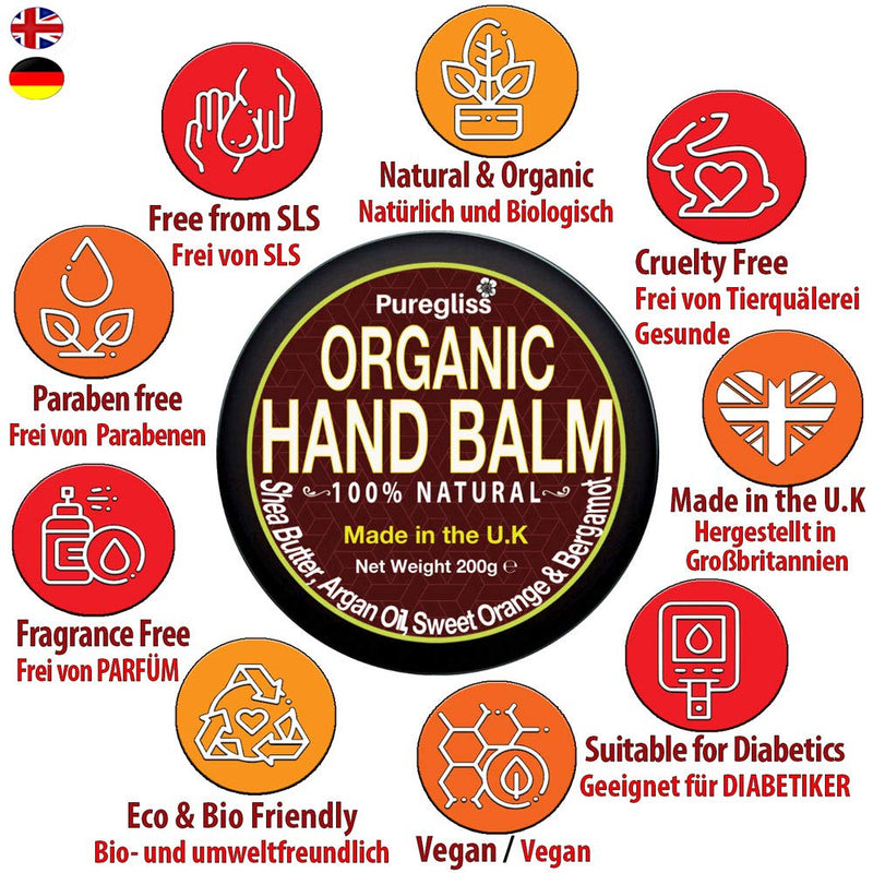 Organic Shea Butter Hand & Body Balm for Very Dry Hands + Argan Oil by NatriGlo -Puregliss |200g| Moisturiser Cream for Dry Skin| Working Hands| Cracked Skin & Nails+ Olive Oil, Orange & Bergamot - NewNest Australia