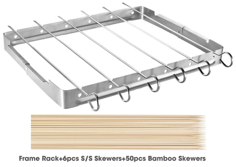 NewNest Australia - Unicook Heavy Duty Stainless Steel Barbecue Skewer Shish Kabob Set, 6pcs 13" L Skewer and Foldable Grill Rack Set, Durable and Reusable, Bonus of 50pcs 12.5" L Bamboo Skewers for Party and Cookout 