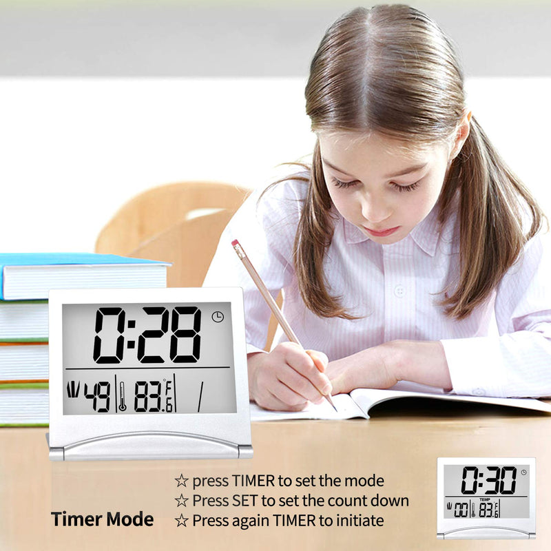 NewNest Australia - Betus Digital Travel Alarm Clock - Foldable Calendar Temperature & Timer LCD Clock with Snooze Mode - Large Number Display, Battery Operated - Compact Desk Clock for All Ages (Silver) 