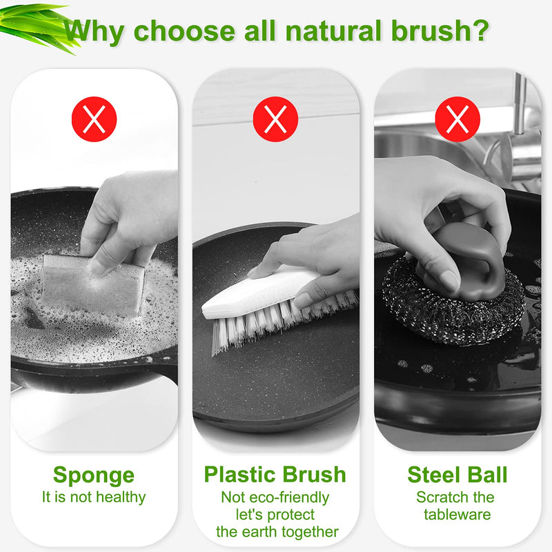 SUBEKYU Bamboo Dish Scrub Brush for Kitchen Sink, Natural Wooden Washing Dish Brush Scrubber, Sisal Bristles Brush for Household Cleaning Cast Iron Brush Pots, Pans and Vegetables Ceramics Base + 1P Sisal Brush - NewNest Australia