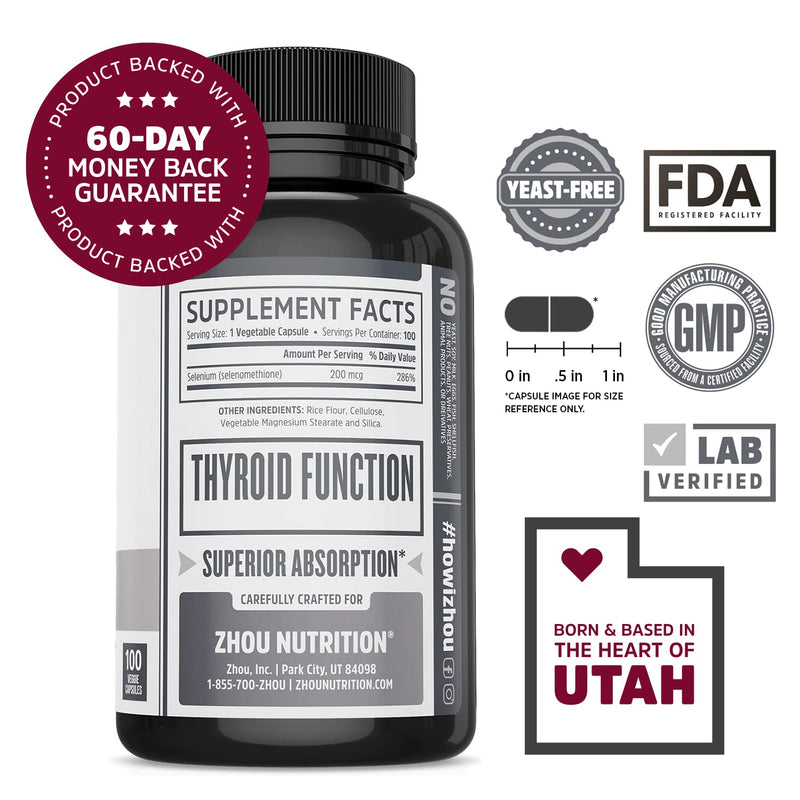 Zhou Selenium 200mcg | for Thyroid, Prostate and Heart Health | Essential Trace Mineral with Superior Absorption | No Yeast | 100 Veg Caps - NewNest Australia