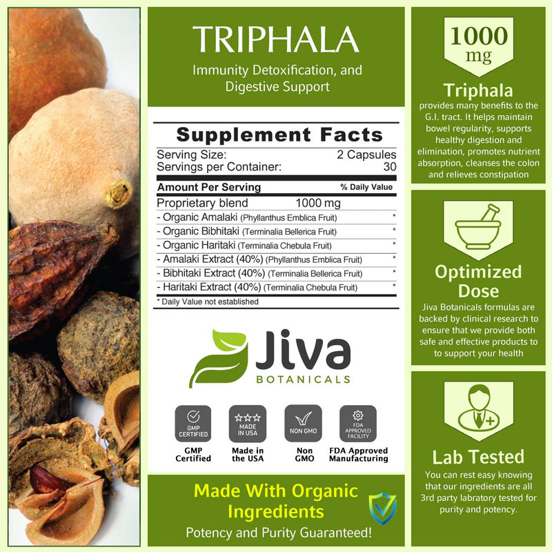 Triphala Capsules Extra Strength 500 mg - Made with Amalaki, Bhibhitaki & Haritaki - Immunity & Digestion Support, Colon Cleanser - Made in USA, All Natural, Non GMO - New Formula - Jiva Botanicals 60 - NewNest Australia