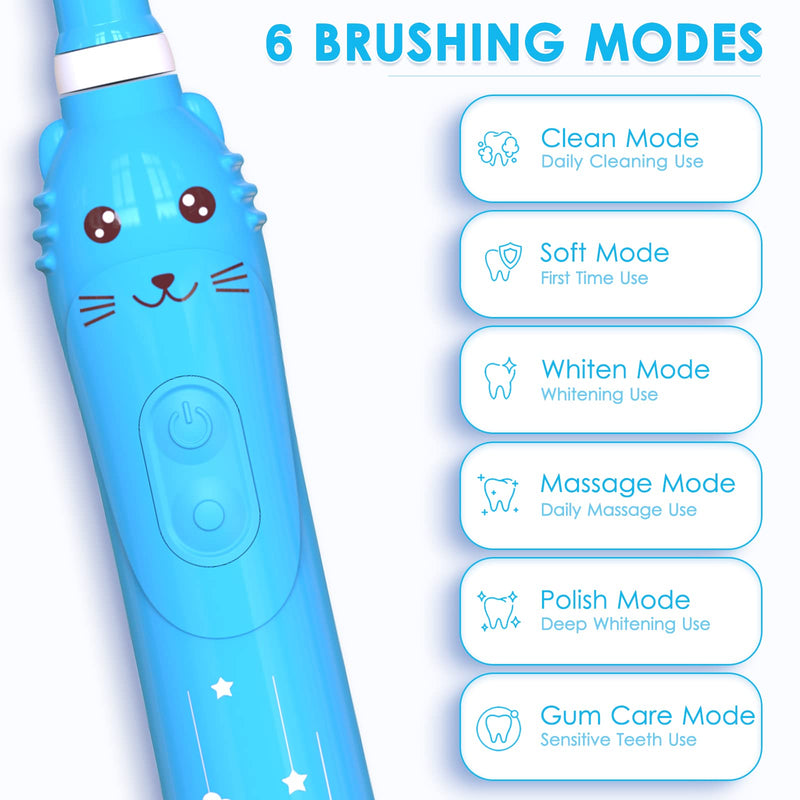 Rechargeable Toothbrush for Children, Sonic Toothbrush for Kids, Smart Electric Toothbrush for Boys Girls Age 3-12, 30s Reminder, 2 Mins Timer, 6 Modes, 8 Brush Heads, Cartoon Design 8650 Blue+ 8 Brush Heads - NewNest Australia