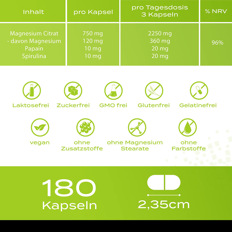 Plusvive magnesium citrate high dose 2250 mg of which 360 mg elemental magnesium per daily dose, 180 capsules, vegan and laboratory tested single - NewNest Australia