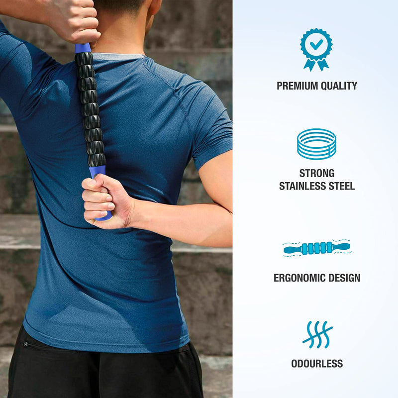 Beenax Muscle Therapy Massage Stick, 360° Tension Reduction - Ridged Gears for Trigger Points, Deep Tissue, Myofascial Release, Leg, Quads & Calf Tightness - Relieve Soreness, Cramps and Pain Blue - NewNest Australia