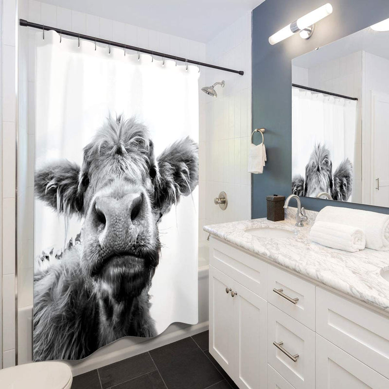 LIGHTINHOME Highland Cow Shower Curtain Bull Farm Animal Black and White 60Wx72H Grey Wildlife Portrait Funny Cute Sketch Fabric Waterproof Bathroom Home Decor Set 12 Plastic Hooks - NewNest Australia