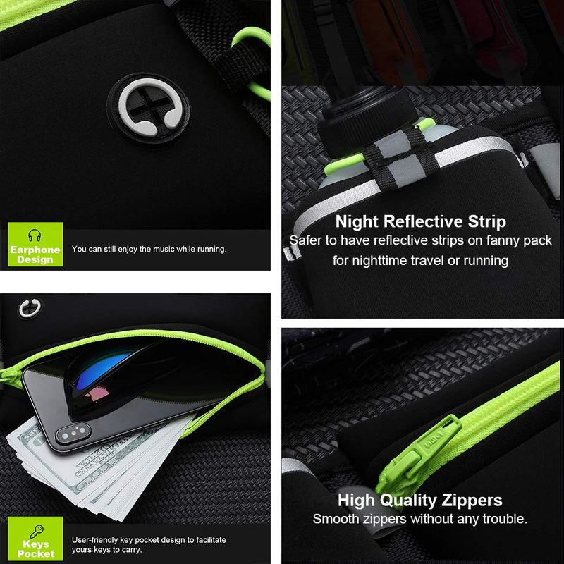 Peicees Running Belt with 2 Water Bottles, Multifunctional Zipper Pocket Adjustable Strap Water Resistant Waist Bag Fanny Pack Waist Pack Phone Holder Pouch for Running Hiking Cycling Climbing Runners Green with 2 water bottles - NewNest Australia