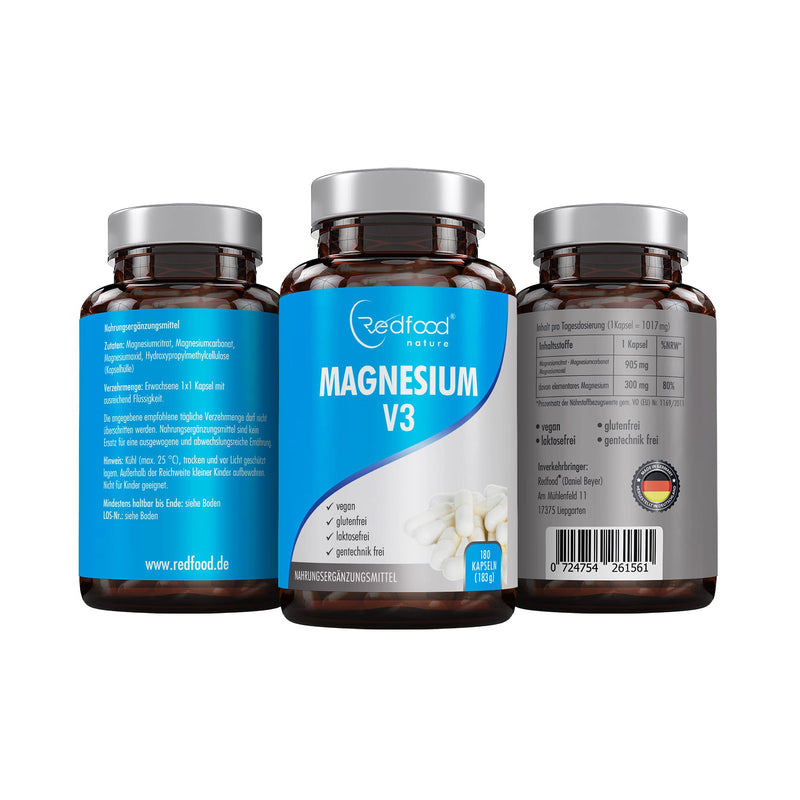 Magnesium V3 Capsules ‚ 180 Capsules (6 Month Supply) 300Mg Elementary Magnesium Vegan ‚ Magnesium Carbonate + Magnesium Citrate + Magnesium ‚ Oxide Best Bioavailability Without Magnesium Stearate - NewNest Australia