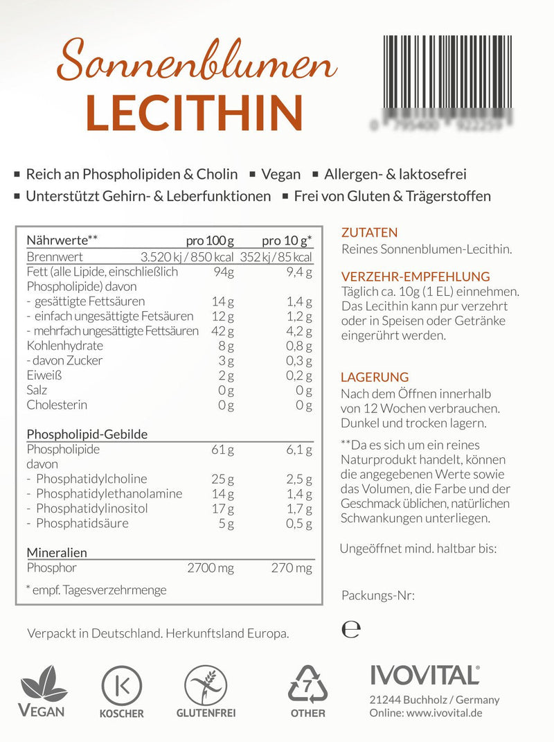 Sunflower lecithin liquid (allergen-free), IVOVITAL® (550 ml) 550 ml (pack of 1) - NewNest Australia