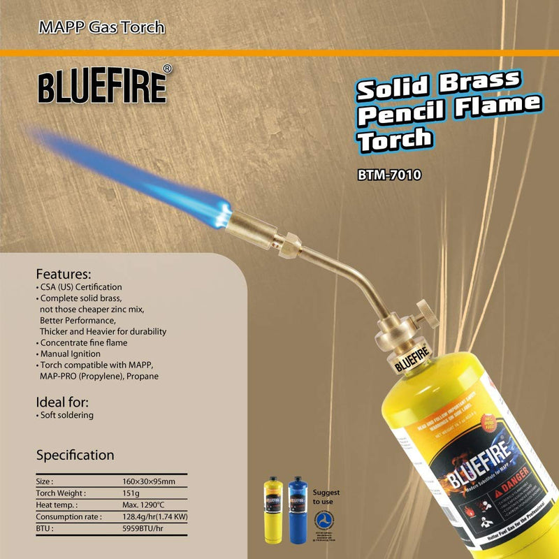 BLUEFIRE Solid Brass Jumbo Pencil Flame Gas Welding Torch Head Nozzle Upgraded Full Metal Version Fuel by MAPP MAP Pro Propane CGA600 Cylinder Bottle (Torch Only) Torch Only - NewNest Australia