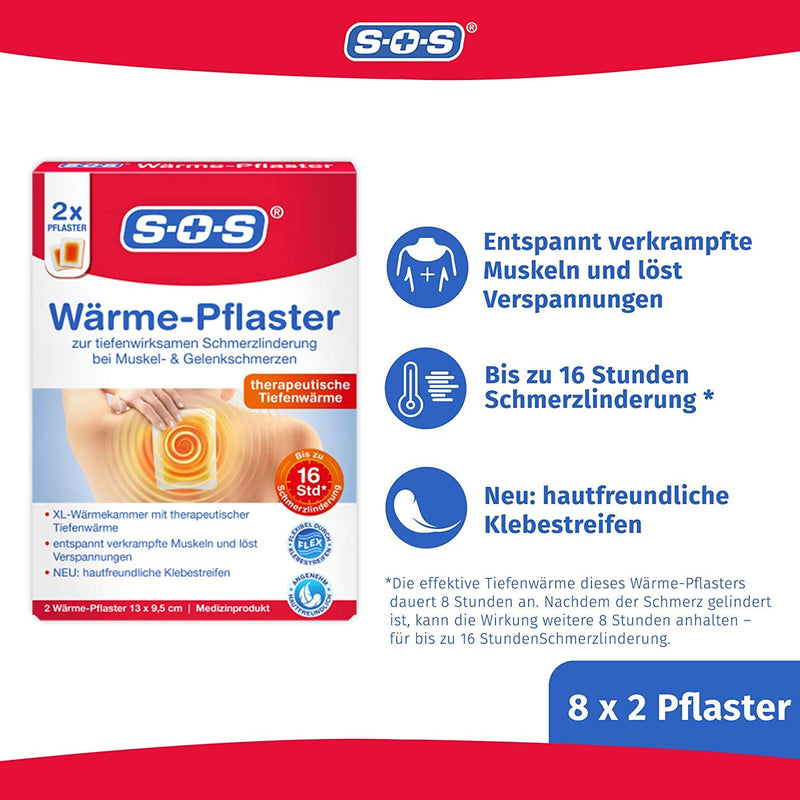 SOS heat plasters, for pain relief from muscle and joint pain, relieve tension with up to 8 hours of effective heat, 8 x 2 plasters - NewNest Australia