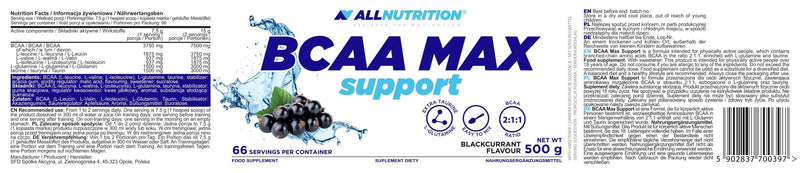 Allnutrition Bcaa Max Support Powder/Capsules Complex Of Branched Chain Amino Acids Glutamine Taurine Leucine Valine Isoleucine Muscle Regeneration 500 G Blackcurrant - NewNest Australia