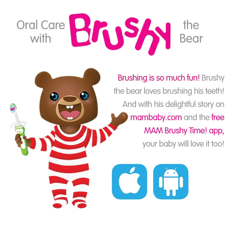 MAM Baby Toothbrushes (2 Baby's Brushes and 1 Safety Shield), Toothbrushes with Brushy the Bear Character, Interactive App, For Boys 6+ Months, Blue - NewNest Australia