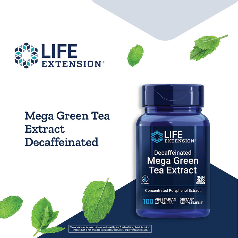 Life Extension Decaffeinated Mega Green Tea Extract -For Cholesterol Management, Cellular + Cardiovascular & Cognitive Health -Rich in Polyphenols - Gluten Free, Non-GMO - 100 Vegetarian Capsules 100 Count (Pack of 1) - NewNest Australia