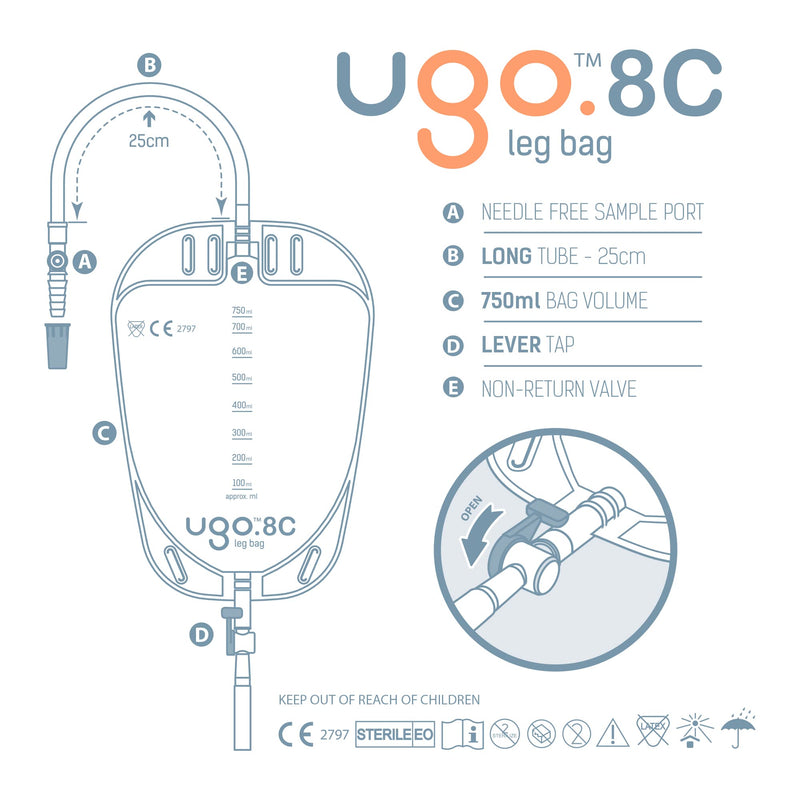 Ugo Leg Bags (X10) - Urine Drainage Bags/Catheter Leg Bags T Shape Or Lever Shaped Pockets With Soft Cloth Back (10 Pack) (Ugo 8C - 750Ml Long Tube Lever Fitting) - NewNest Australia