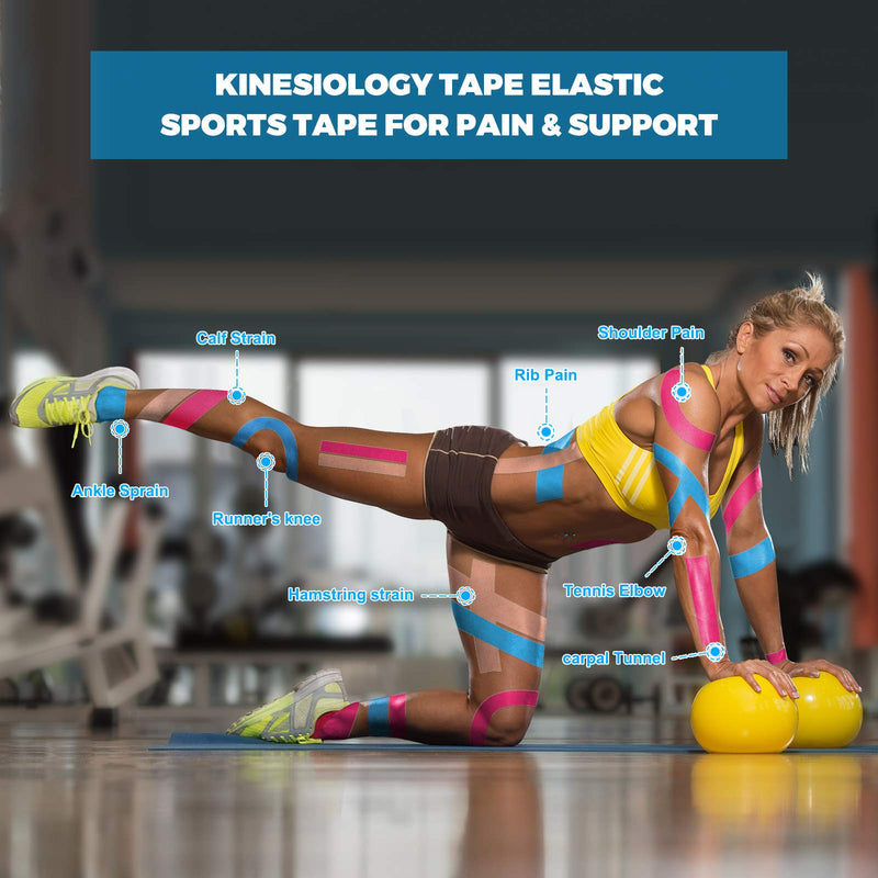 Kinesiology Tape (4 Pack) Athletic Tape 16.4ft Water Resistant Kinetic Uncut Sports Tape for Knees, Ankles, Shoulder, Pain Relief, Injury Recovery and Physio Therapy 2black 2beige - NewNest Australia
