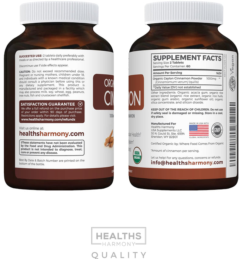USDA Organic Ceylon Cinnamon (120 Tablets) 1000mg per Serving - Cinnamon Bark Supplement for Natural Support - No Powder, Capsules or Pills - NewNest Australia