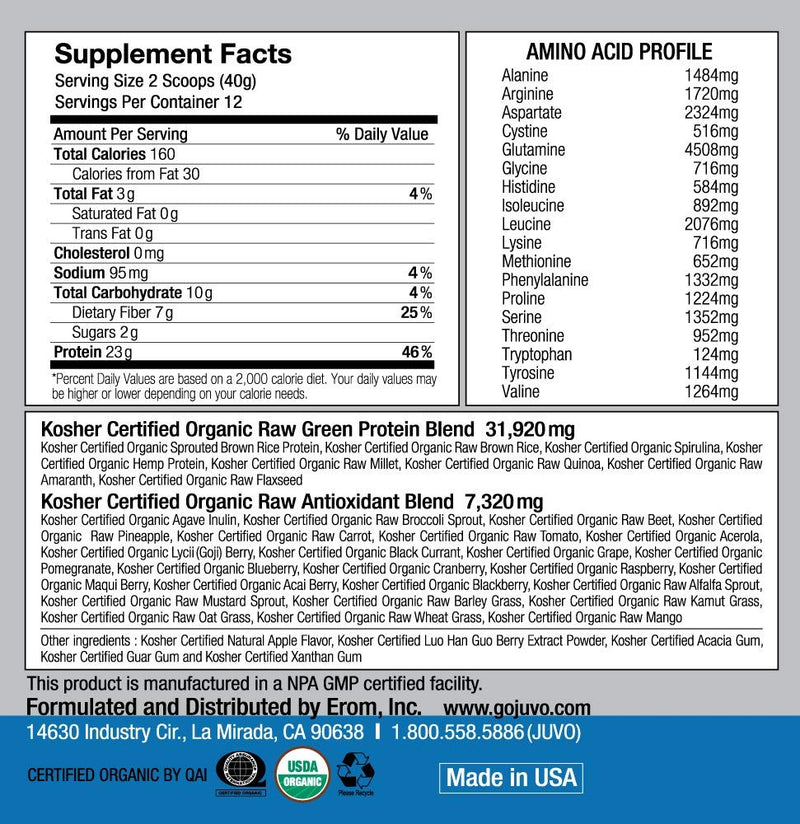 Juvo Raw Green Protein Organic, Vegan, Gluten Free, Non-GMO, Kosher, No Stevia, 23g of Protein, Complete Amino Acid Profile, 16.9 Ounce - NewNest Australia