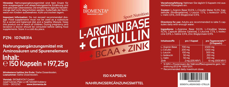 Biomenta L-Arginine + Citrulline - 150 L Arginine Citrulline Capsules With 3,500 Mg Arginine Base, 1,000 Mg L Citrulline Malate Powder, Enriched With 1,000 Mg Bcaa And Zinc - NewNest Australia