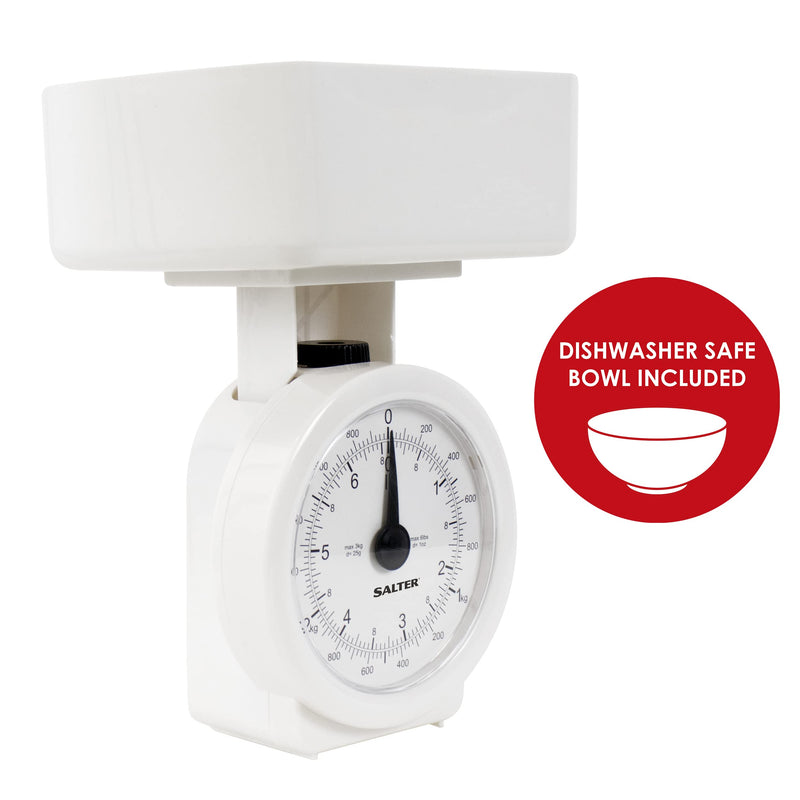 Salter 112 WHWHDR Mechanical Kitchen Scale, 3 KG Maximum Capacity, Analogue, Easy to Read Dial, Dishwasher Safe, Compact Storage, 1 L Detachable Bowl, Battery Free, White single - NewNest Australia