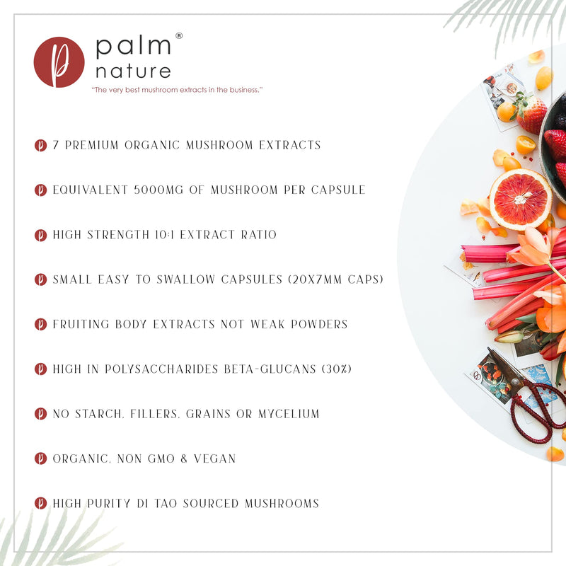 Palm Nature 7 Mushroom Complex - High Strength Extracts Not Powders - 30% Beta-Glucans - 90 Vegan Capsules - 1500mg Per Serving - Lions Mane, Chaga, Reishi, Shiitake, Maitake, Tremella, Cordyceps - NewNest Australia