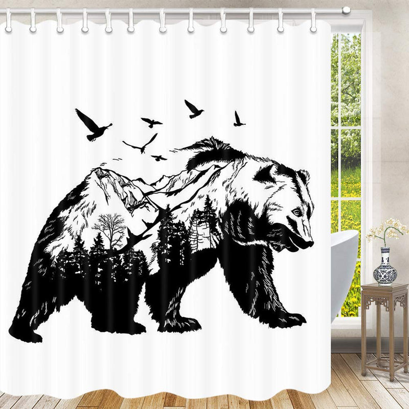 Bear Shower Curtain for Bathroom, Hand Drawn Bear with Forest Trees Birds Animal Black and White Shower Curtain, Funny Shower Curtain, 70X70 in, Shower Curtains Hooks Included 70''W By 70''L - NewNest Australia