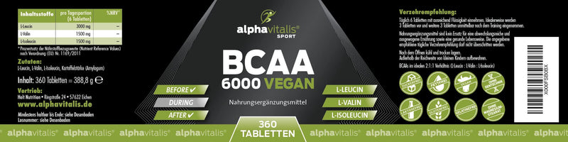 BCAA 6000 vegan - 360 tablets of 1000 mg of pure BCAAs - without magnesium stearate - gluten-free - lactose-free - essential amino acids for athletes 360 pieces (pack of 1) - NewNest Australia