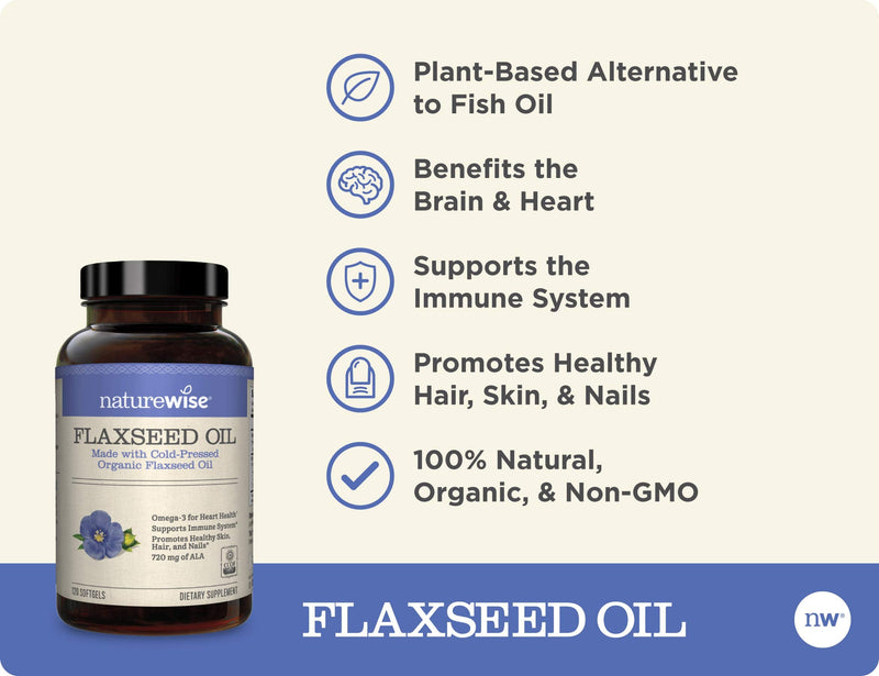 NatureWise Organic Flaxseed Oil Max 720mg ALA | Highest Potency Flax Oil Omega 3 for Cardiovascular, Brain, Immune Support & Healthy Hair, Skin, & Nails | Gluten Free Non-GMO [2 Month - 120 Softgels] 120 Count (Pack of 1) - NewNest Australia