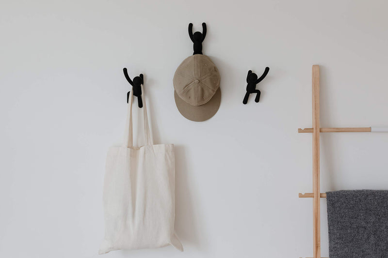 NewNest Australia - Umbra Buddy Wall Hooks – Decorative Wall Mounted Coat Hooks for Hanging Coats, Scarves, Bags, Purses, Backpacks, Towels and More, Set of 3, Black 
