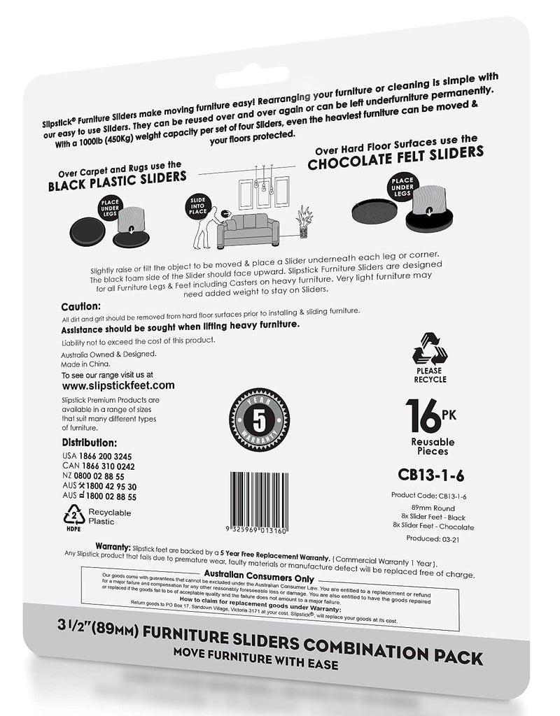 Slipstick Premium Furniture Sliders for All Floor Surfaces (16 Piece Moving Kit) Reusable 3.5” Round Furniture Movers for Sliding Furniture on Hardwood & Carpet, Black, CB13-1-16 - NewNest Australia