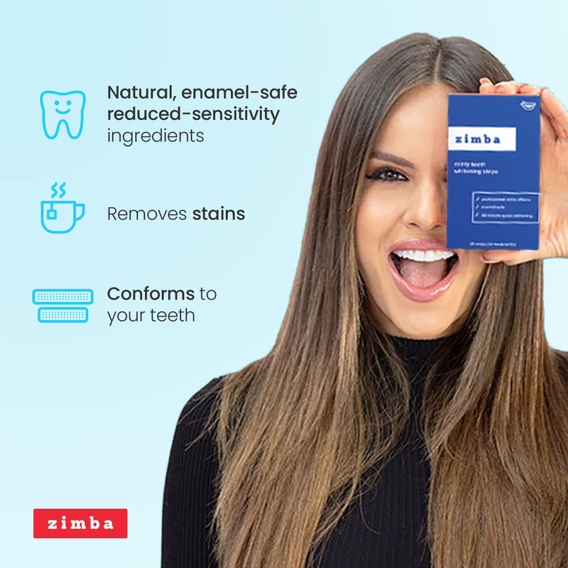 Zimba Teeth Whitening Strips - Vegan Stain Remover White Strips - Hydrogen Peroxide Teeth Whitener for Coffee, Wine, Tobacco, and Other Stains - Blue Raspberry Flavor - 28 Strips (14-Day Treatment) 28 Count (Pack of 1) - NewNest Australia