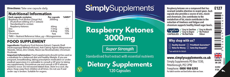 Raspberry Ketones 3000mg - 120 capsules - suitable for vegans - supply for 4 months - SimplySupplements - NewNest Australia