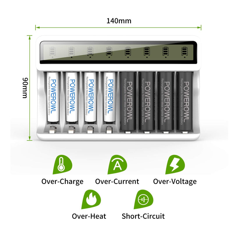 POWEROWL 8 Bay AA AAA Battery Charger with LCD Display (USB Quick Charging, Independent Slot) for Ni-MH Ni-CD Rechargeable Batteries - NewNest Australia