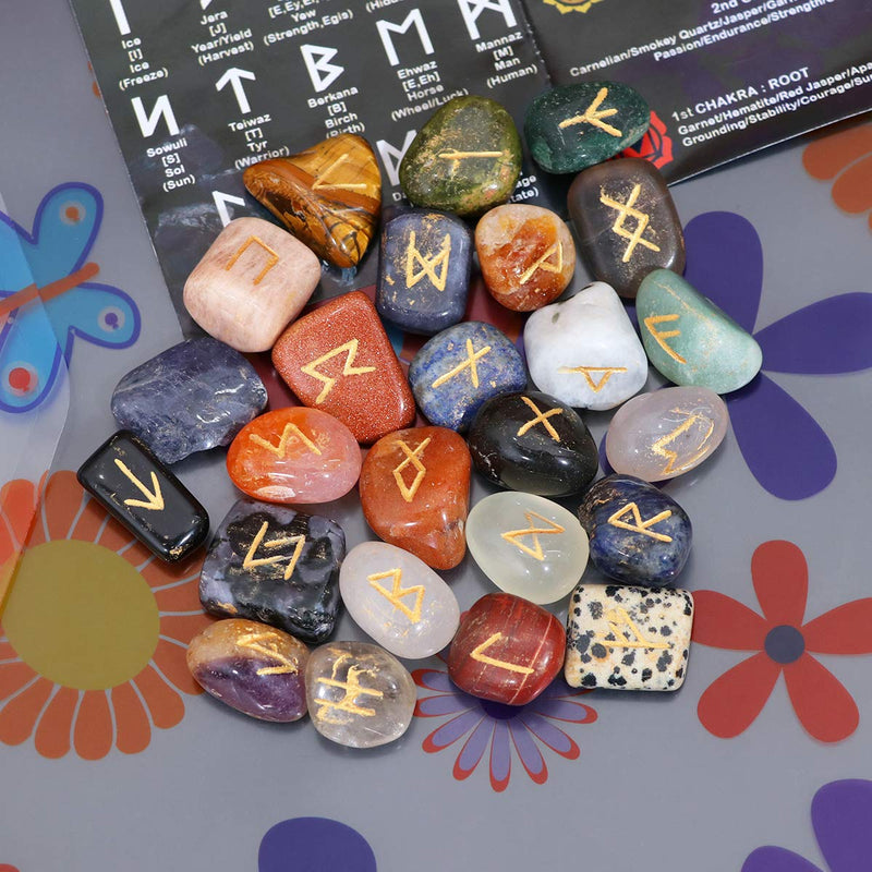 Crocon Mix chakra Rune tumble shape gemstone rune with Elder Futhark Alphabet Engraved | 25 pcs runes set | Crystal Divination Healing Chakra Reiki | with a pouch| Size : 25-30 mm - NewNest Australia