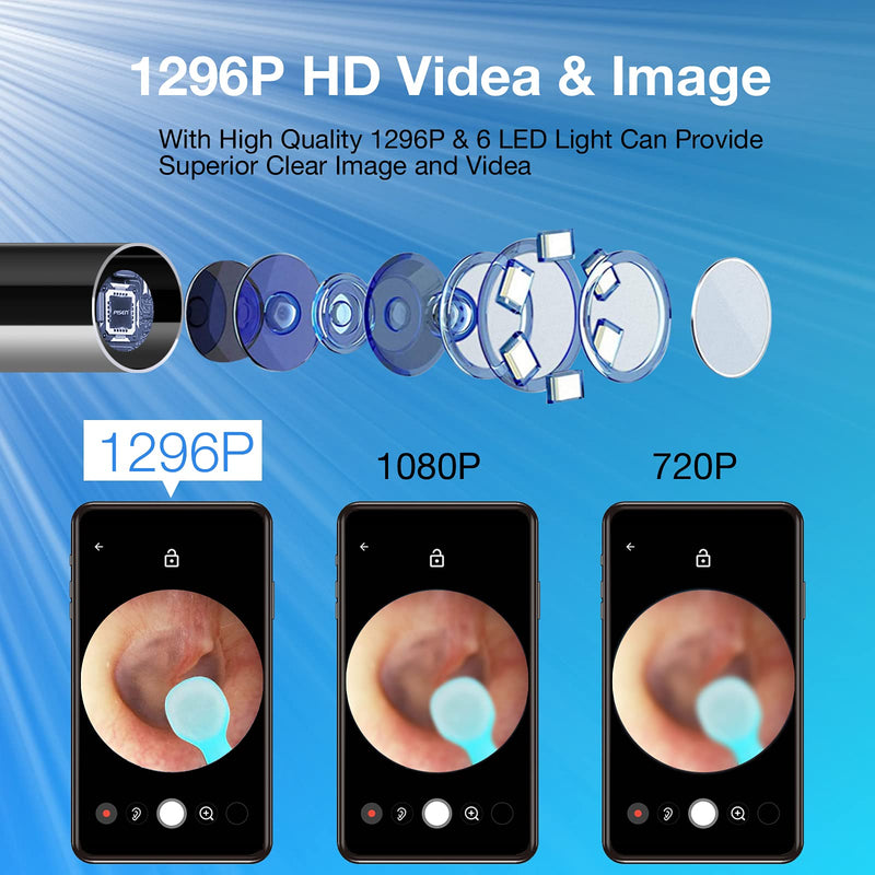 Ear Wax Removal with Camera, Earwax Remover Tool, 1296P FHD Wireless Ear Otoscope with 6 LED Lights, 6 Ear Spoon & 6 Traditional Tools Ear Wax Removal Kit for iPhone, iPad & Android Smart Phone Black - NewNest Australia