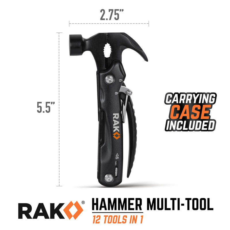 RAK Hammer Multi-Tool - Multi-Functional 12 in 1 Mini Hammer Camping Gear Survival Tool for Men, DIY Handyman, Father/Dad, Husband, Boyfriend, Him, Women Black - NewNest Australia