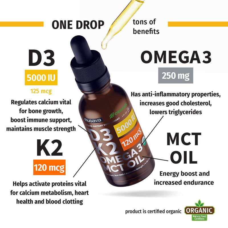 (2 Pack) Organic Vitamin D3 K2 Drops w MCT Oil Omega 3, 5000 IU, Maximum Strength Vitamin D Liquid 5000 IU, No Fillers, Non-GMO Liquid D3 for Faster Absorption & Immune Support, Unflavored, 2 Fl Oz 1 Fl Oz (Pack of 2) - NewNest Australia
