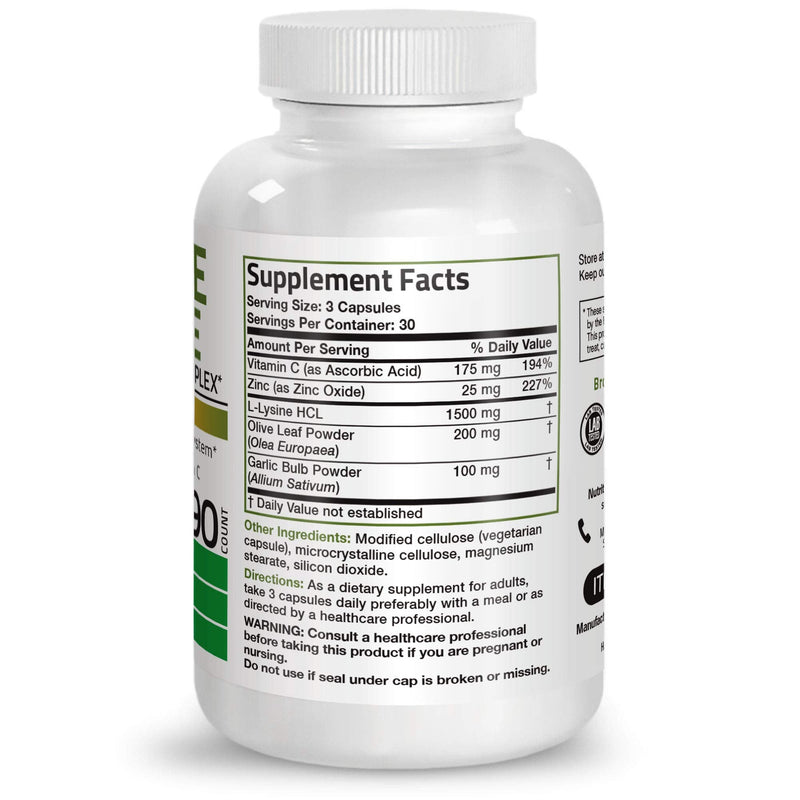 Bronson L-Lysine Defense Immune Support Complex 1500 MG L-Lysine Plus Olive Leaf, Garlic, Vitamin C and Zinc - Non-GMO, 90 Vegetarian Capsules 90 Count (Pack of 1) - NewNest Australia